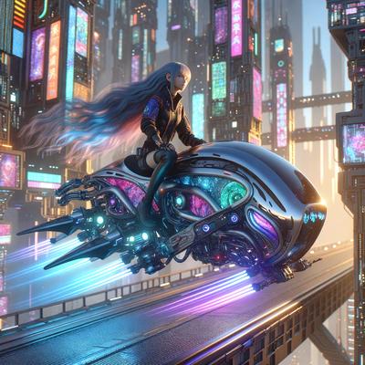 The primary subject of the image is a futuristic motorcycle with a woman riding it. The motorcycle is surrounded by a vibrant and colorful cityscape, featuring a mix of neon lights and various buildings. The setting appears to be a futuristic metropolis, with the woman riding the motorcycle as the focal point of the scene. The visual style of the image is a combination of digital art and illustration, creating a dynamic and captivating atmosphere. The colors and mood of the image are predominantly bright and lively, with the neon lights and cityscape contributing to a sense of excitement and energy.